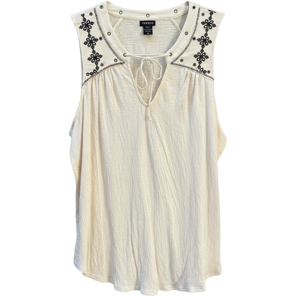 Torrid Ivory Gauze Embroidered Tie Neck Sleeveless Boho Blouse Plus Size 2 2X